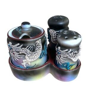 Vintage Japanese Moriage Dragonware Salt & Pepper + Mustard Pot 1920‑50s